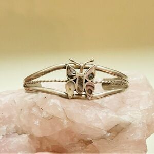 Abalone Shell Butterfly Bracelet Silver Tone Metal